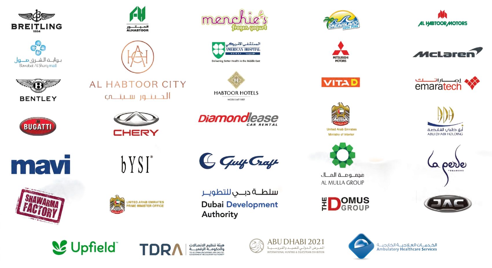 Client logos including Breitling, Bentley, McLaren, Bugatti, Al Habtoor, Mitsubishi, TDRA, UAE Ministry of Interior