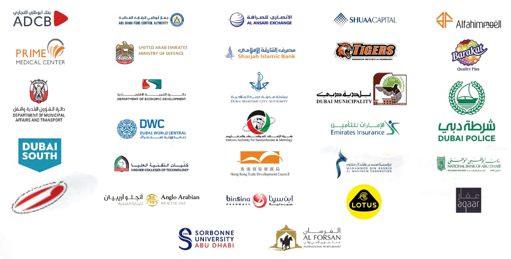 Client logos including ADCB, Dubai Police, Dubai Municipality, Emirates Insurance, Lotus, Sorbonne University Abu Dhabi
